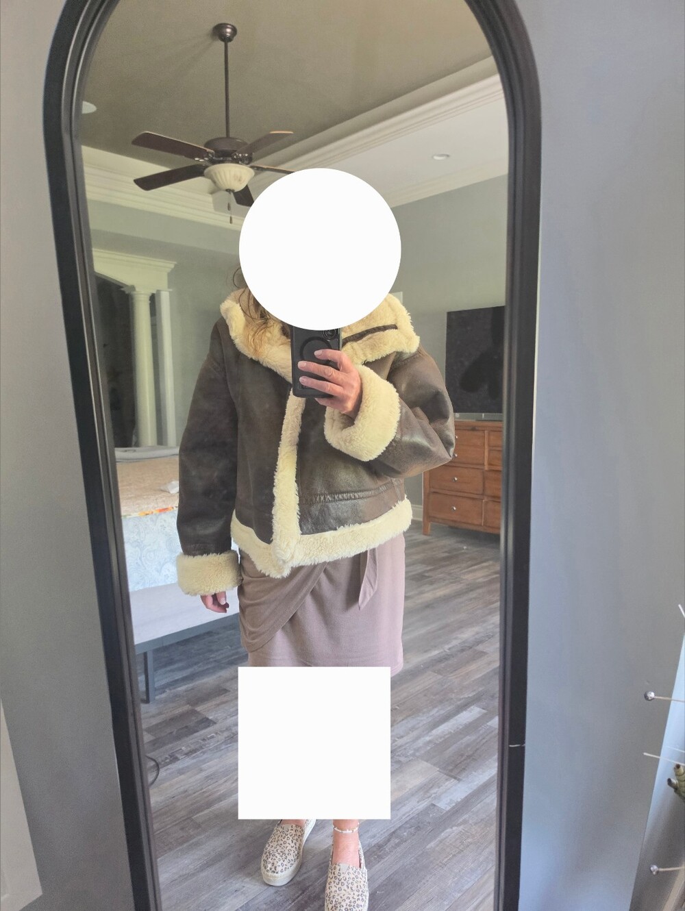 Brown Faux Shearling Aviator Jacket with Cream Trim